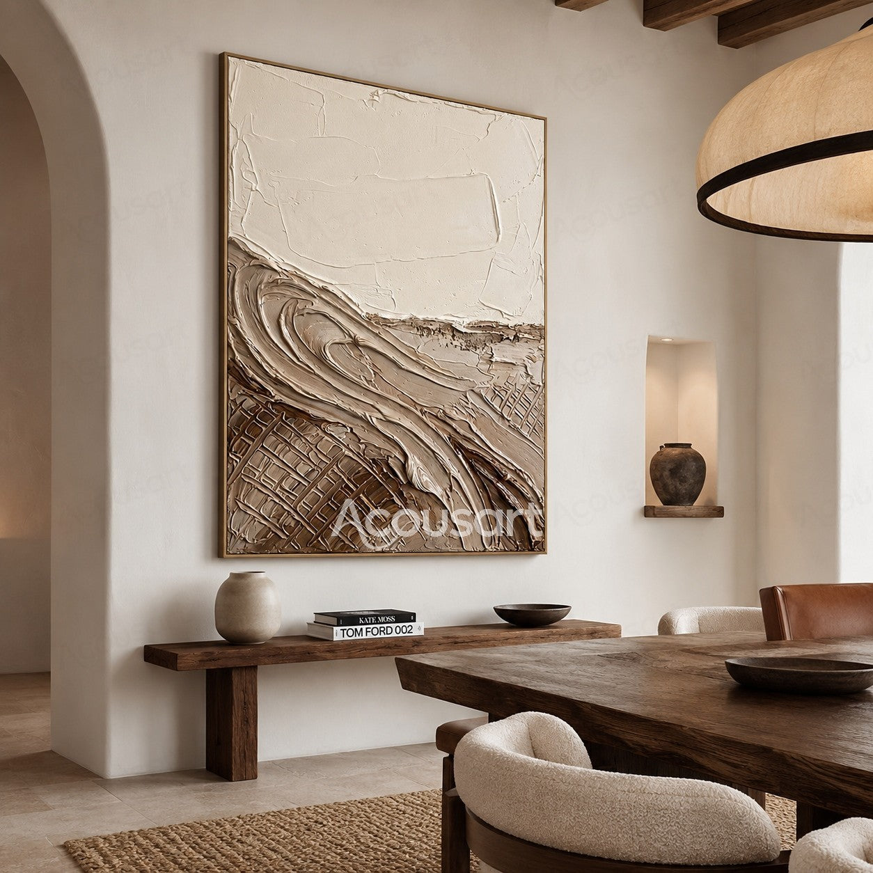 Beige textured abstract wall art with layered organic brushstrokes and natural stone-like shapes