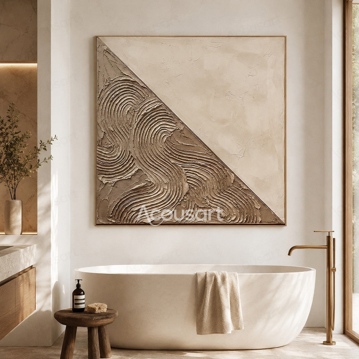 Beige textured abstract wall art with diagonal design and raised organic curved patterns