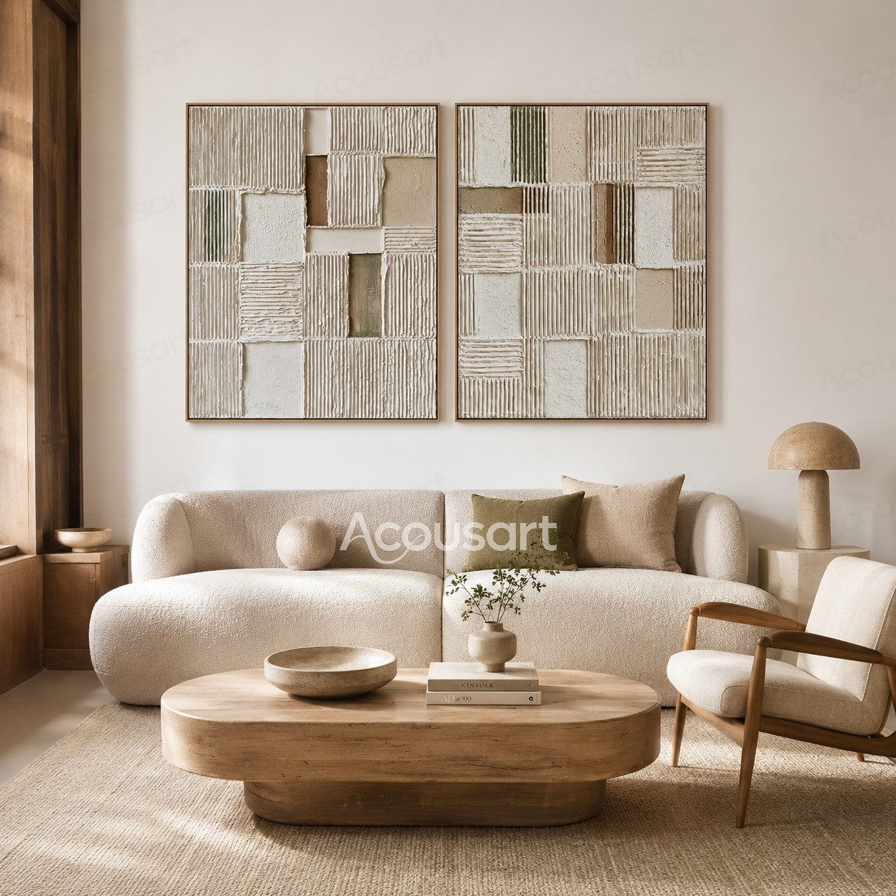 Two piece neutral textured abstract wall art with geometric grid patterns and raised white beige surfaces