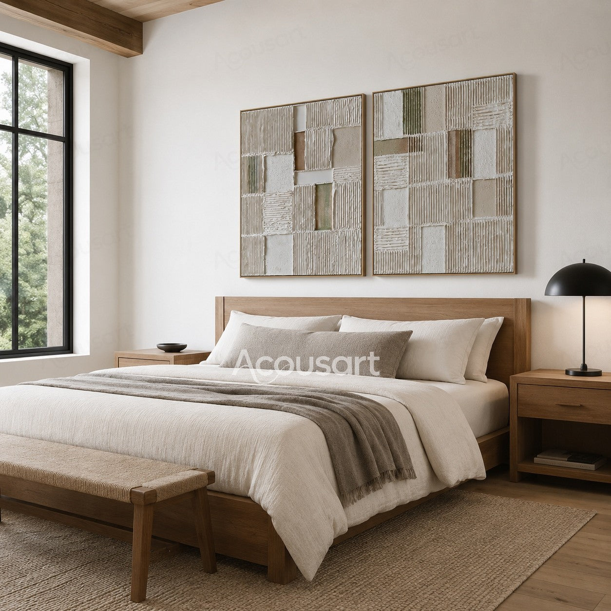 Two piece neutral textured abstract wall art with geometric grid patterns and raised white beige surfaces