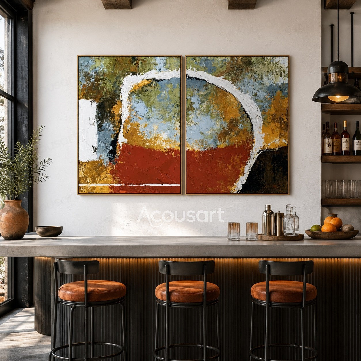 Two piece abstract textured wall art with earth tones, curved white lines, and layered brushstrokes