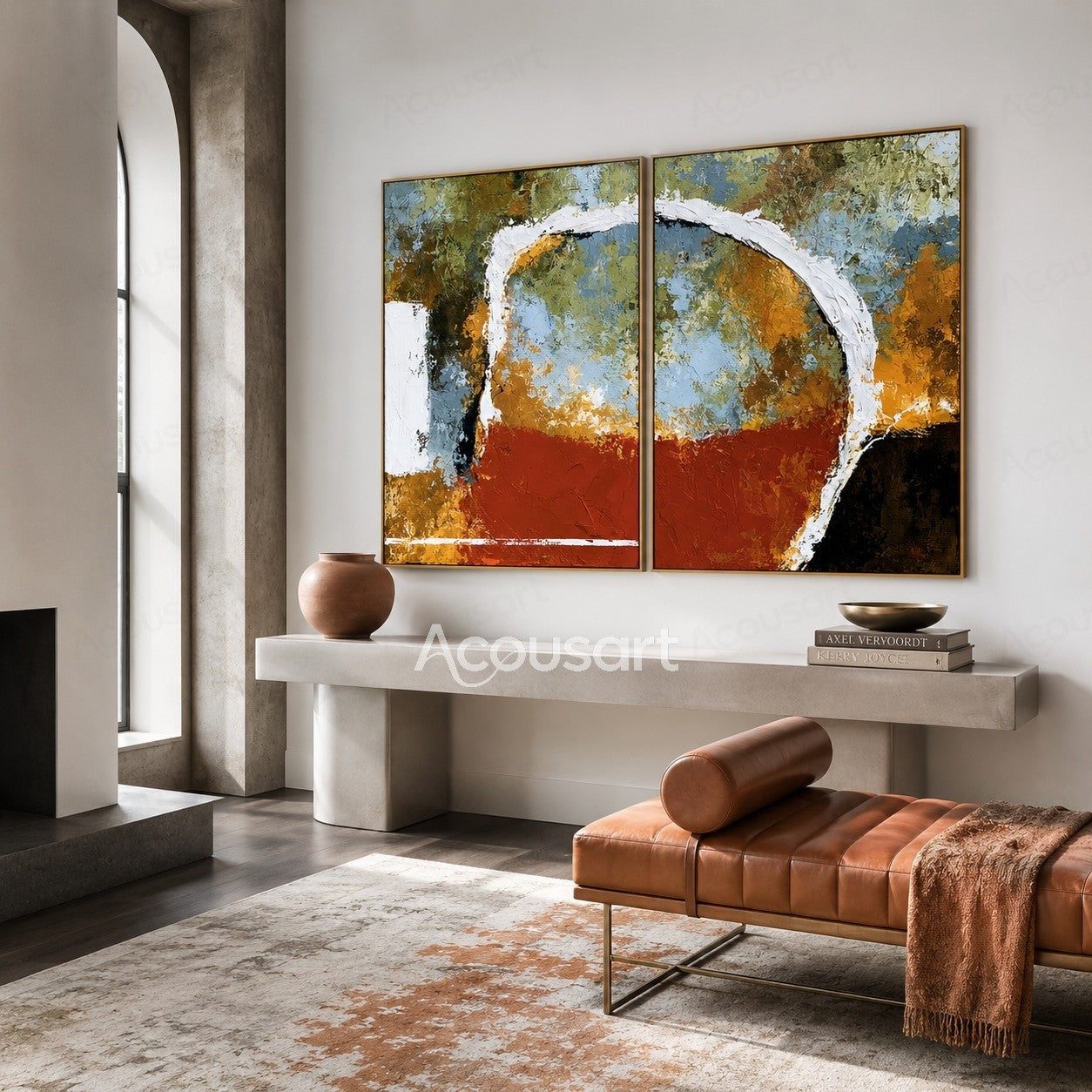 Two piece abstract textured wall art with earth tones, curved white lines, and layered brushstrokes