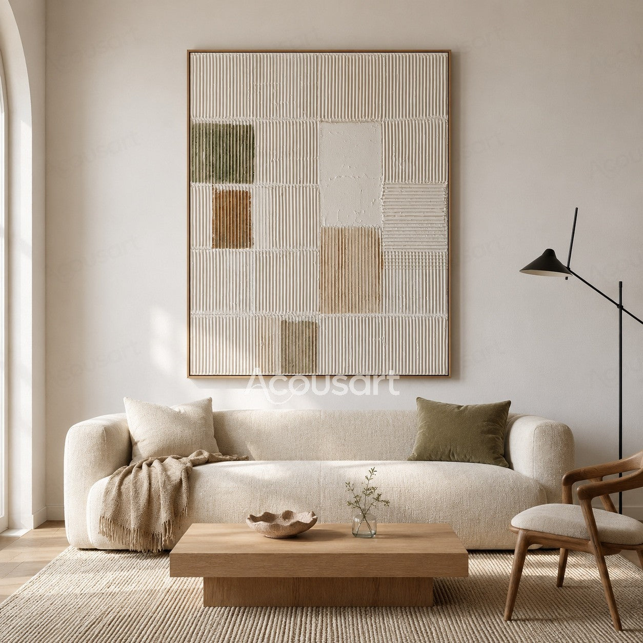 White neutral textured abstract wall art with geometric grid patterns and raised vertical lines