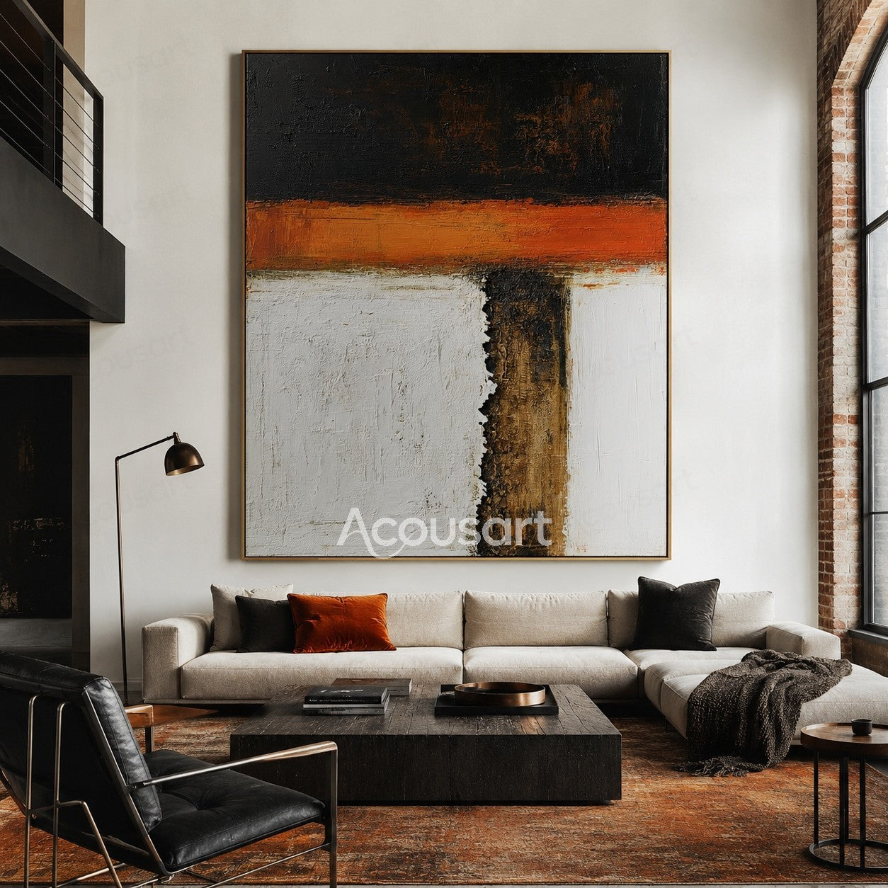 Modern abstract textured wall art with black, orange, white, and brown color blocks