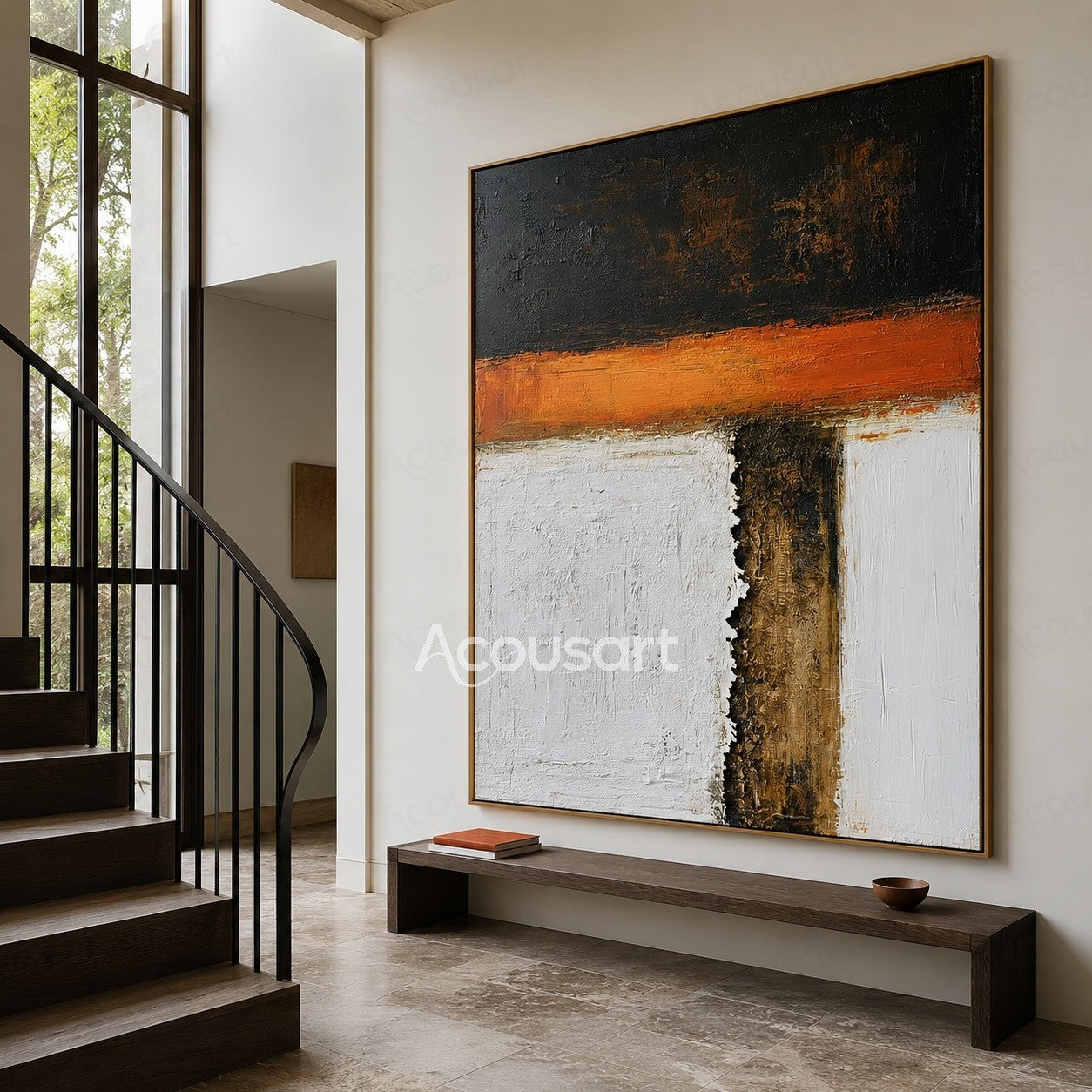Modern abstract textured wall art with black, orange, white, and brown color blocks