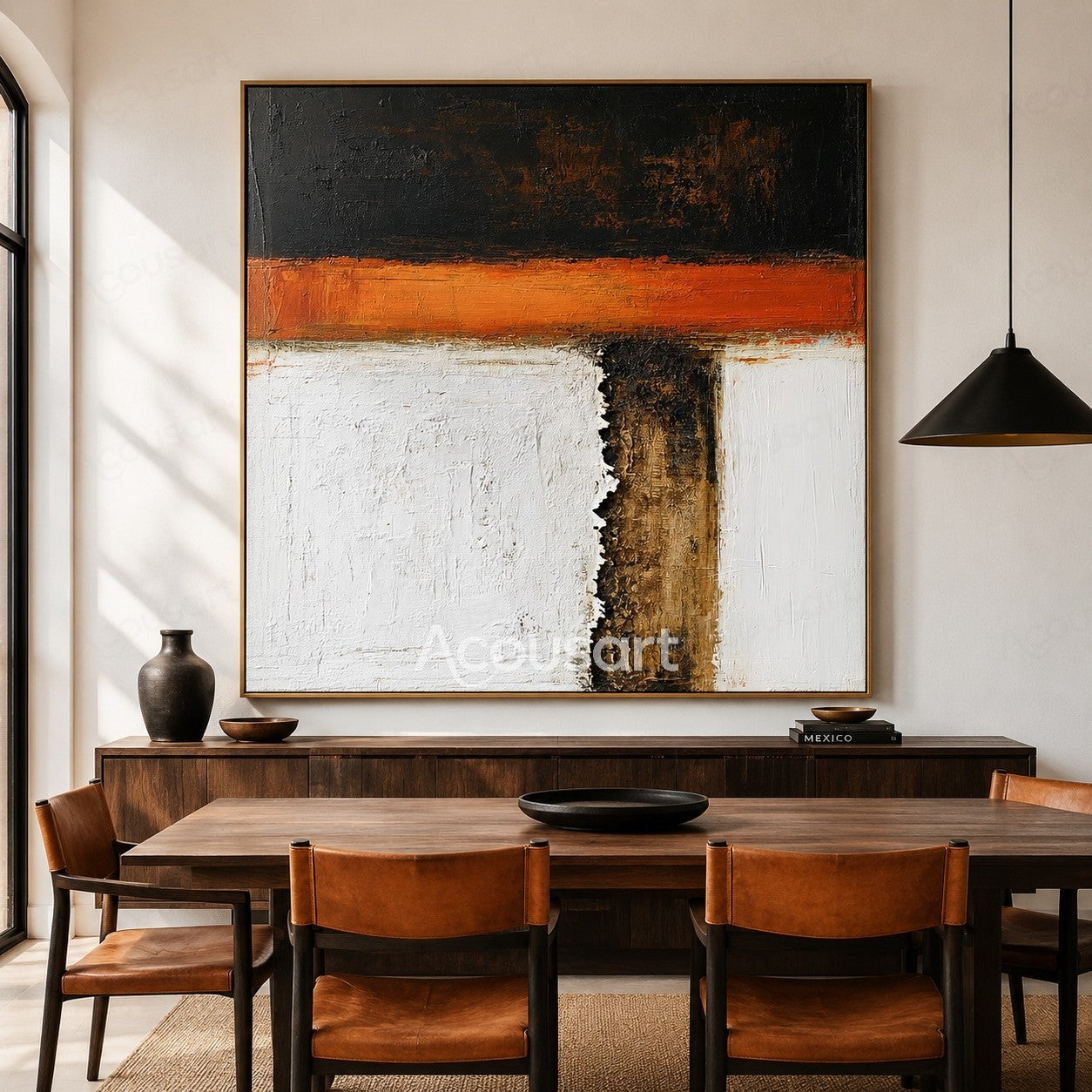 Modern abstract textured wall art with black, orange, white, and brown color blocks