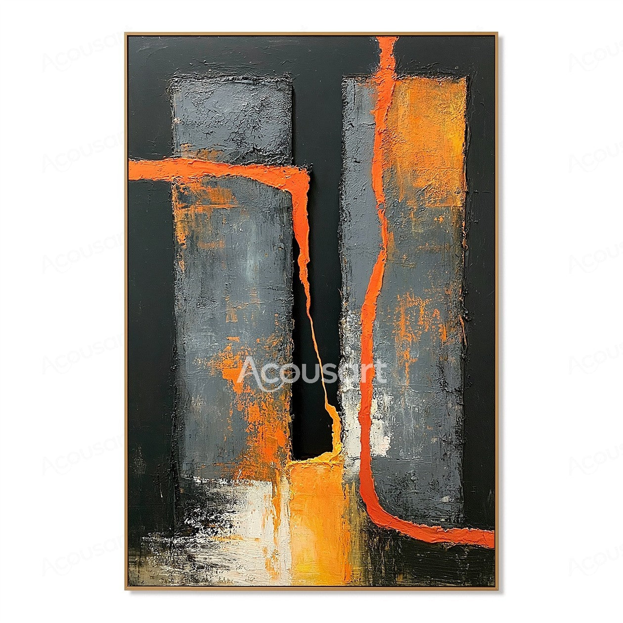 Black orange abstract textured wall art with gray blocks and bold geometric brushstroke design