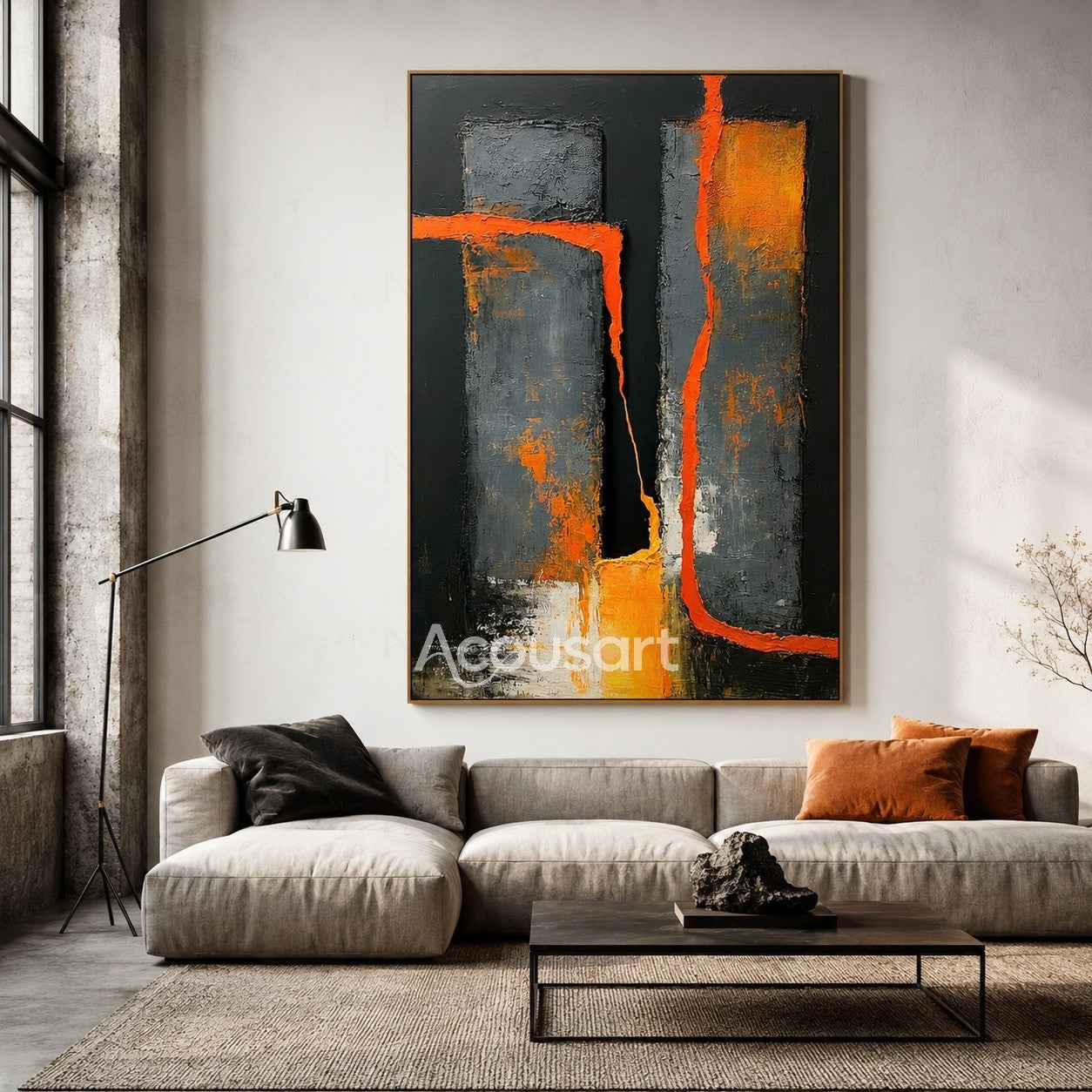 Black orange abstract textured wall art with gray blocks and bold geometric brushstroke design