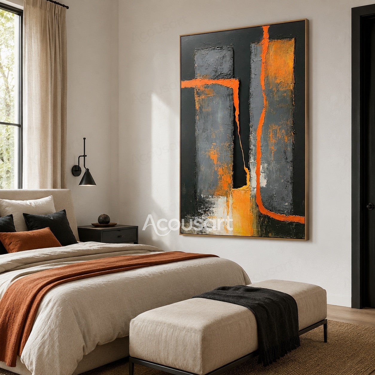 Black orange abstract textured wall art with gray blocks and bold geometric brushstroke design