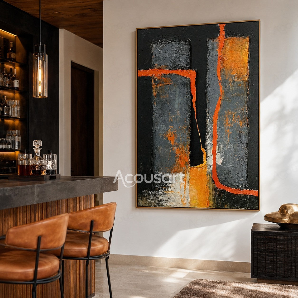 Black orange abstract textured wall art with gray blocks and bold geometric brushstroke design