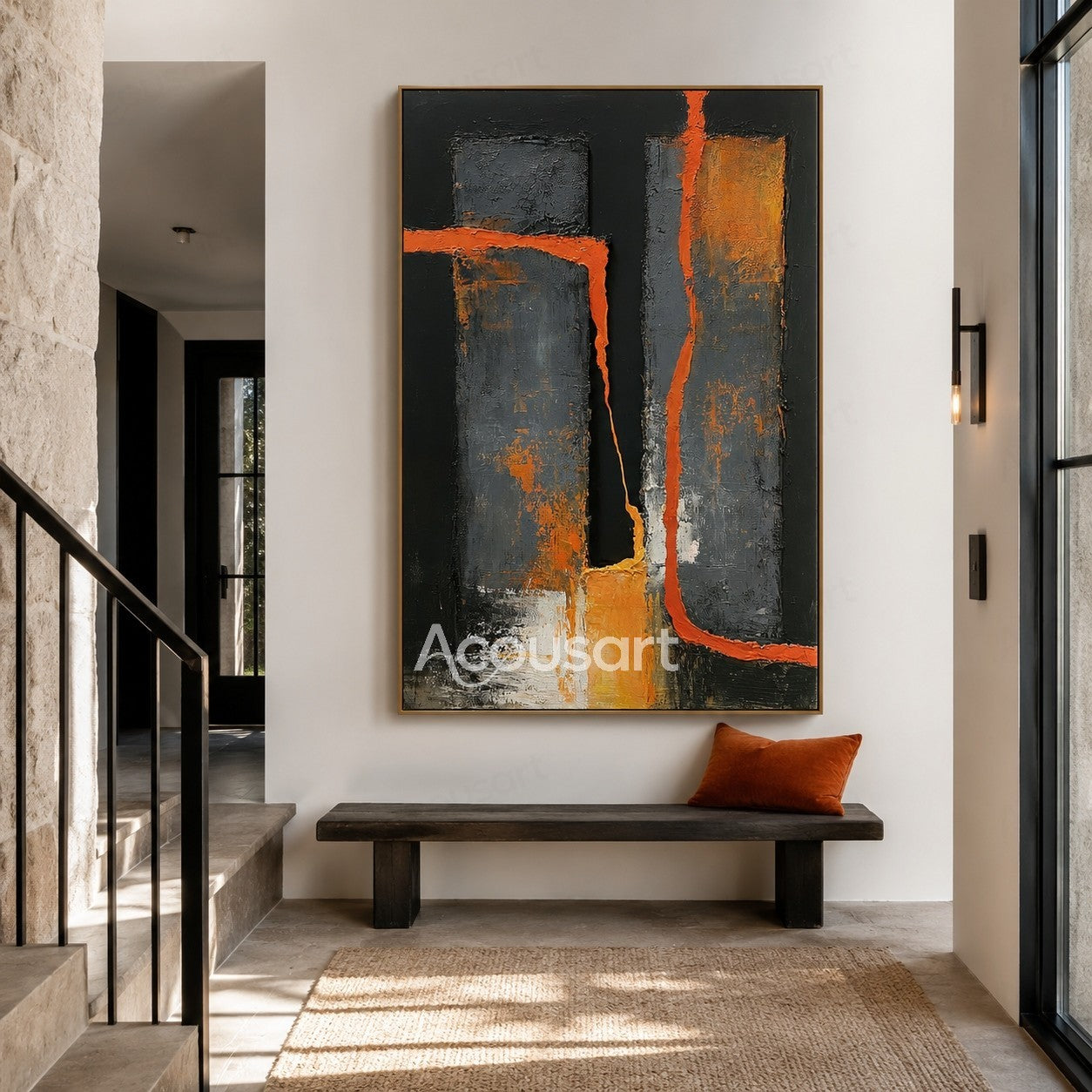 Black orange abstract textured wall art with gray blocks and bold geometric brushstroke design