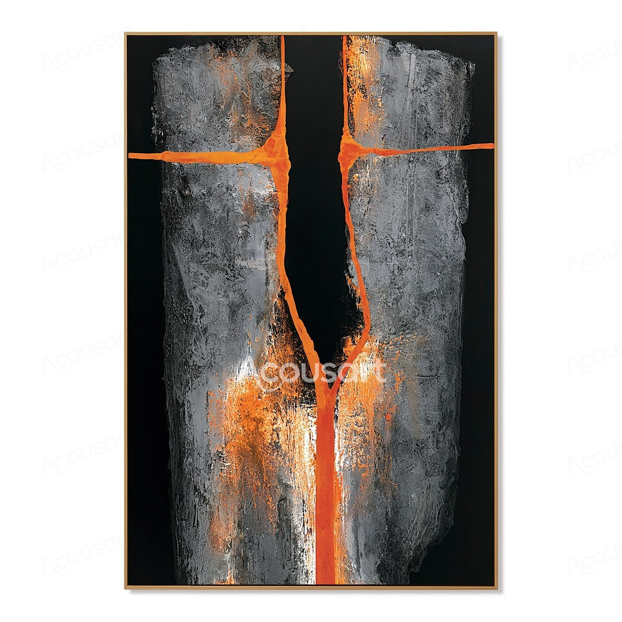 Black orange abstract textured wall art with gray blocks and glowing orange crack design