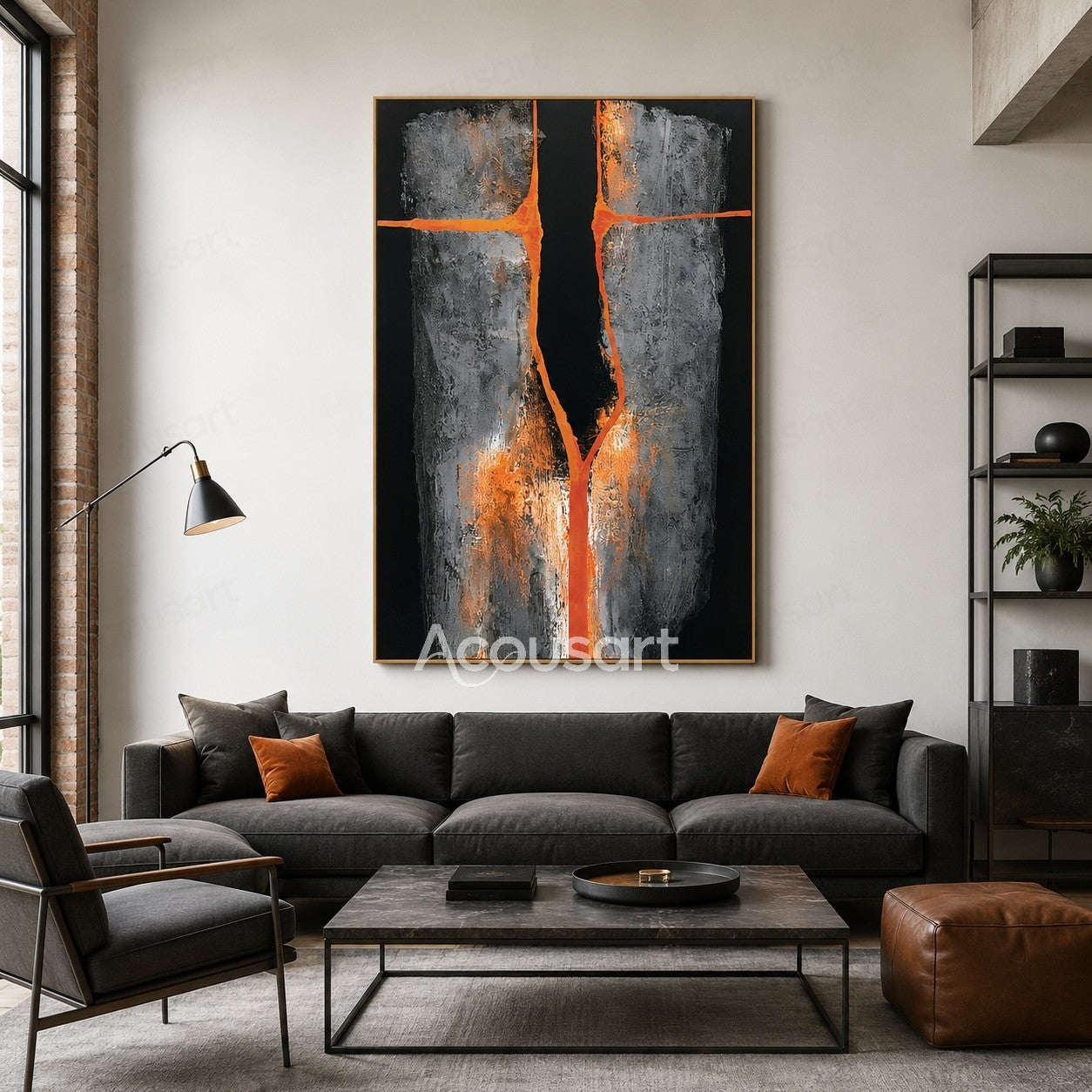 Black orange abstract textured wall art with gray blocks and glowing orange crack design
