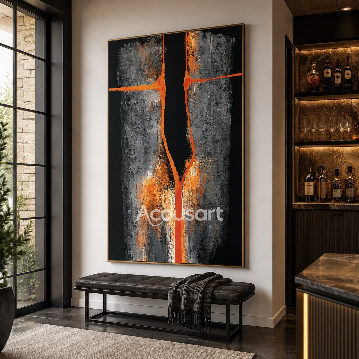 Black orange abstract textured wall art with gray blocks and glowing orange crack design