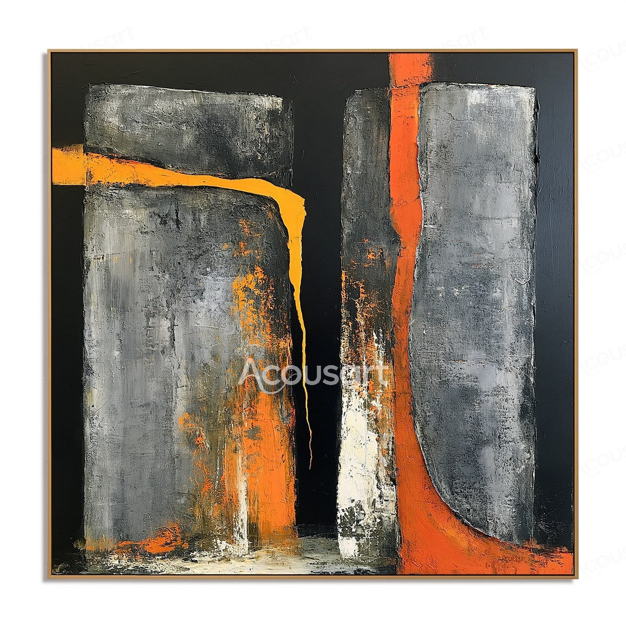 Black orange abstract textured wall art with gray geometric shapes and industrial brushstroke design
