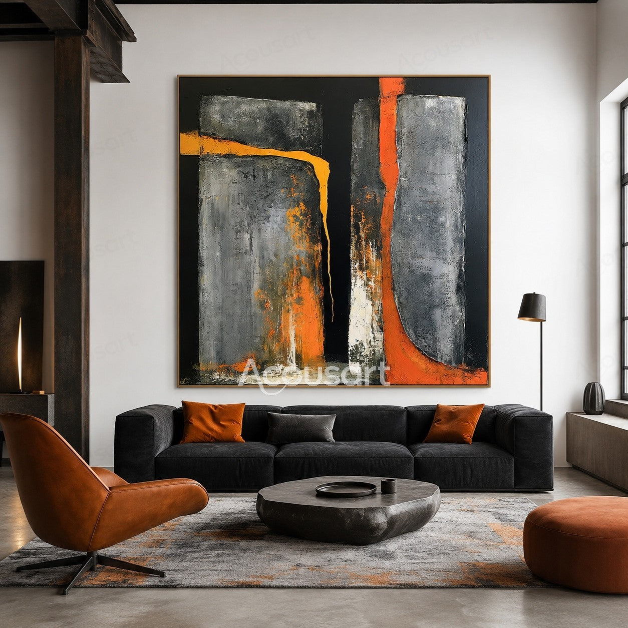 Black orange abstract textured wall art with gray geometric shapes and industrial brushstroke design