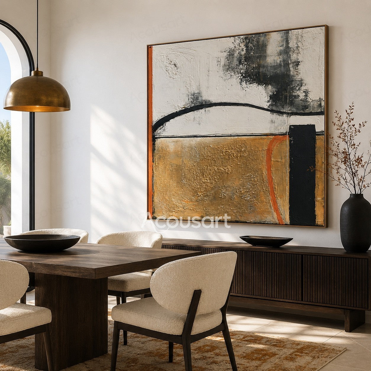 Modern abstract textured wall art with gold, white, black, and orange layers with curved brush lines