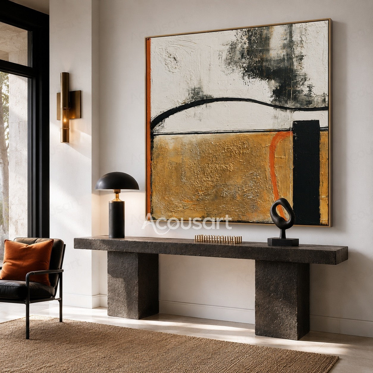 Modern abstract textured wall art with gold, white, black, and orange layers with curved brush lines