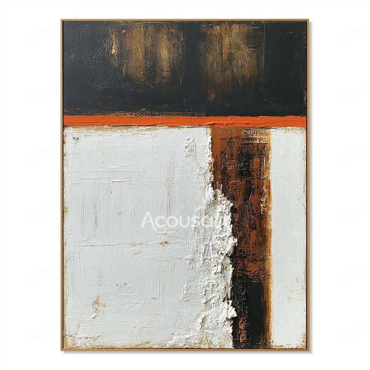 Black white abstract textured wall art with orange line, brown details, and layered paint surface