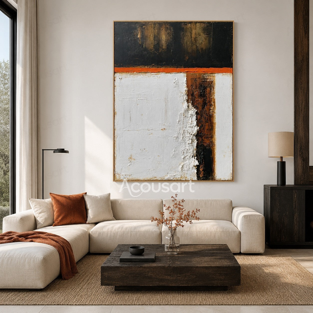 Black white abstract textured wall art with orange line, brown details, and layered paint surface