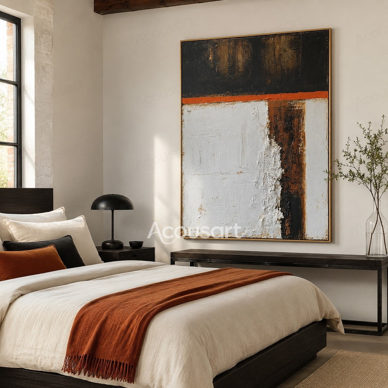 Black white abstract textured wall art with orange line, brown details, and layered paint surface