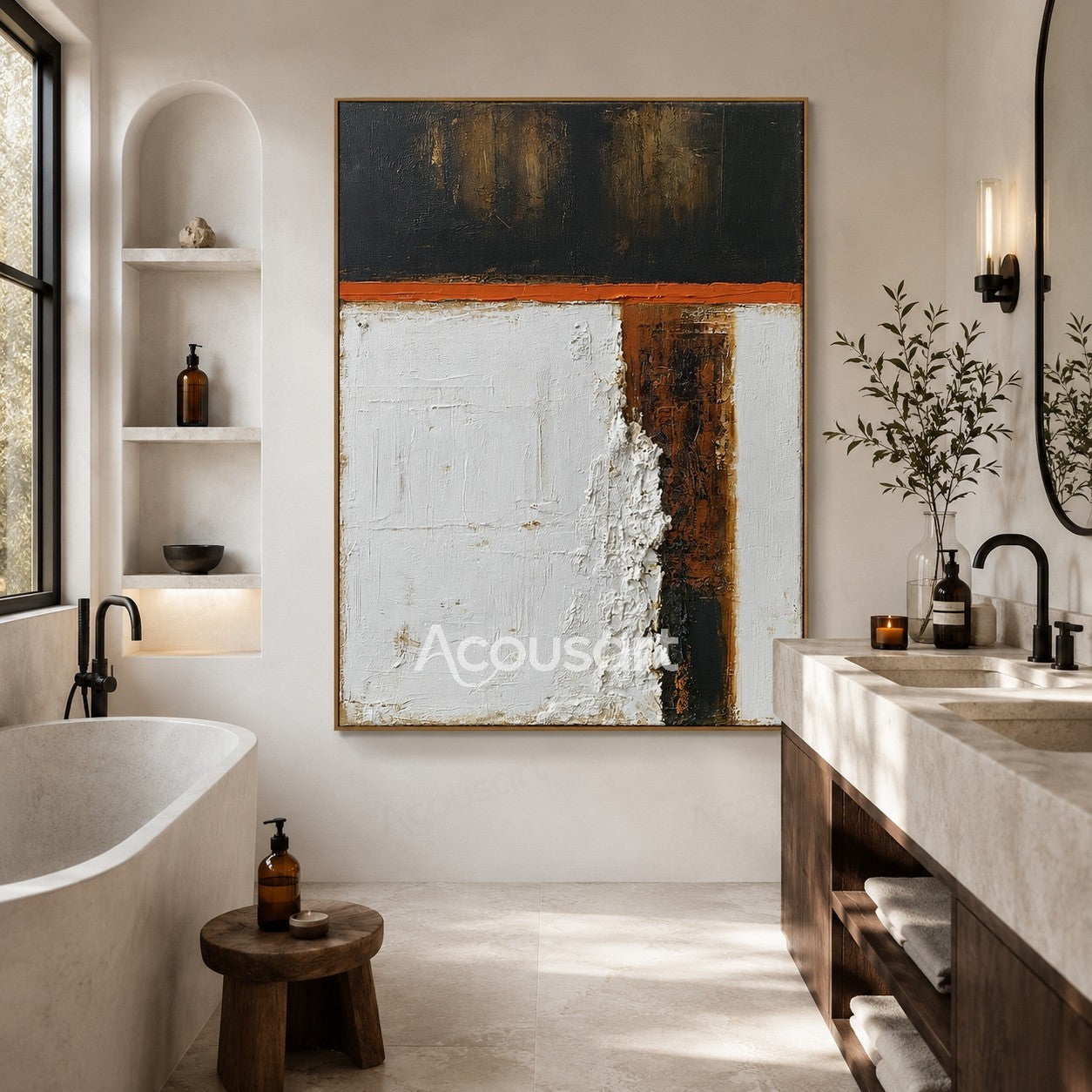 Black white abstract textured wall art with orange line, brown details, and layered paint surface