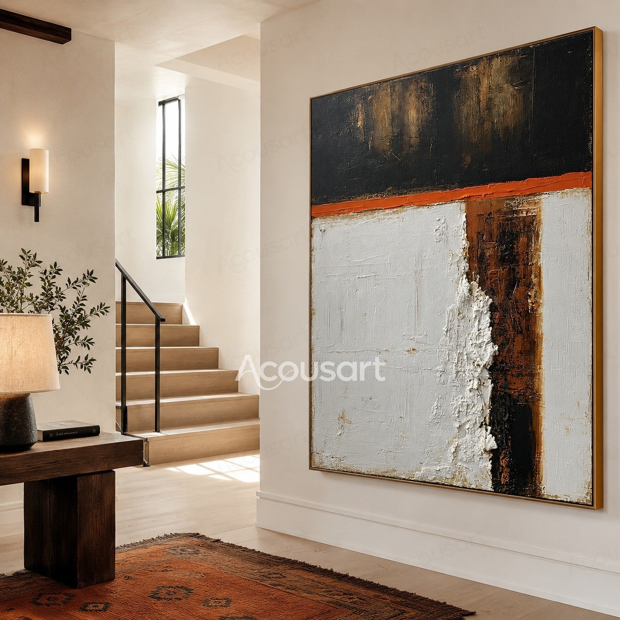 Black white abstract textured wall art with orange line, brown details, and layered paint surface
