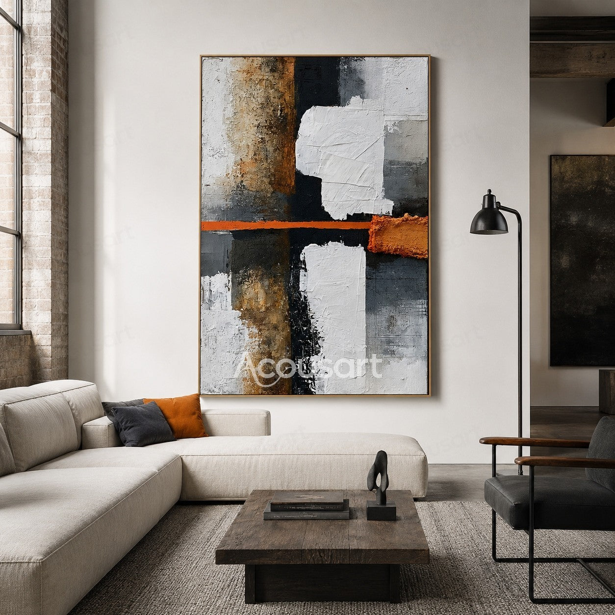 Black white abstract textured wall art with orange accent, gray blocks, and layered geometric paint design