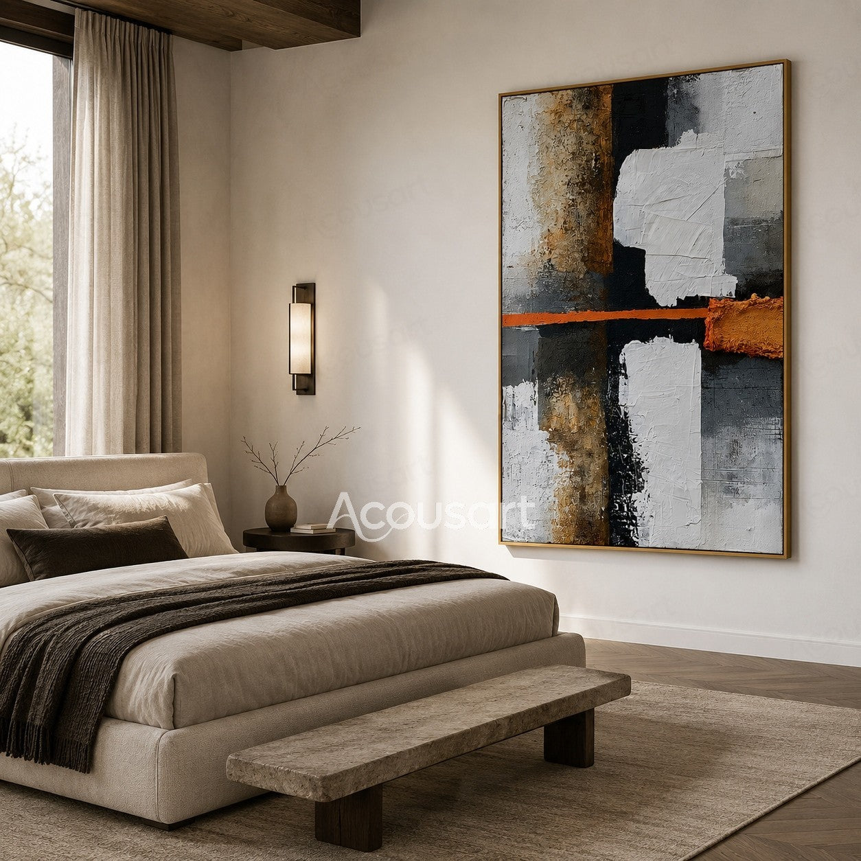 Black white abstract textured wall art with orange accent, gray blocks, and layered geometric paint design