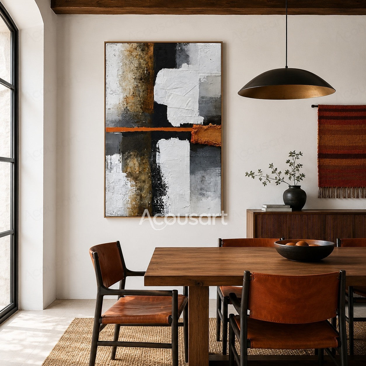 Black white abstract textured wall art with orange accent, gray blocks, and layered geometric paint design