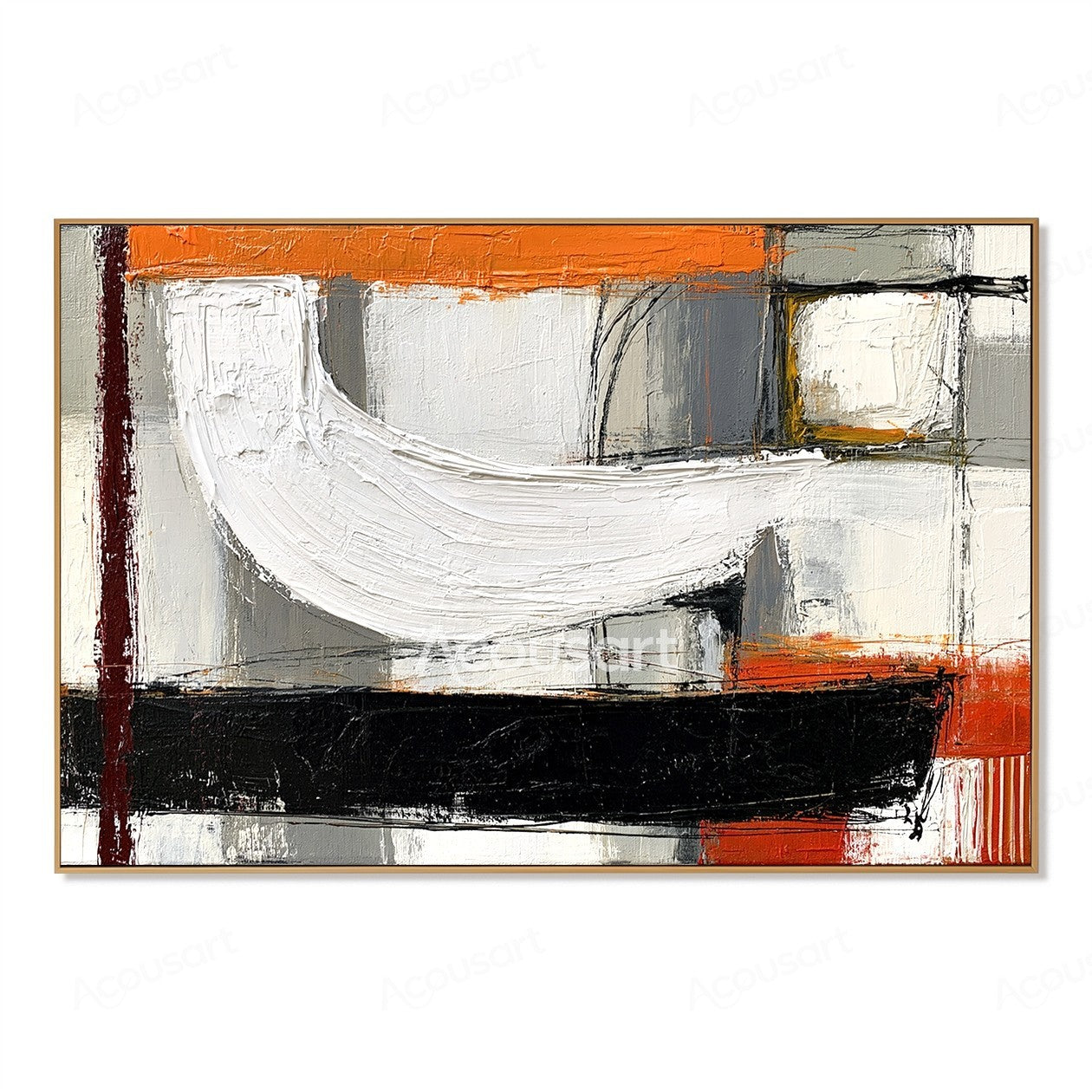 Black white orange abstract textured wall art with layered brushstrokes and bold geometric design