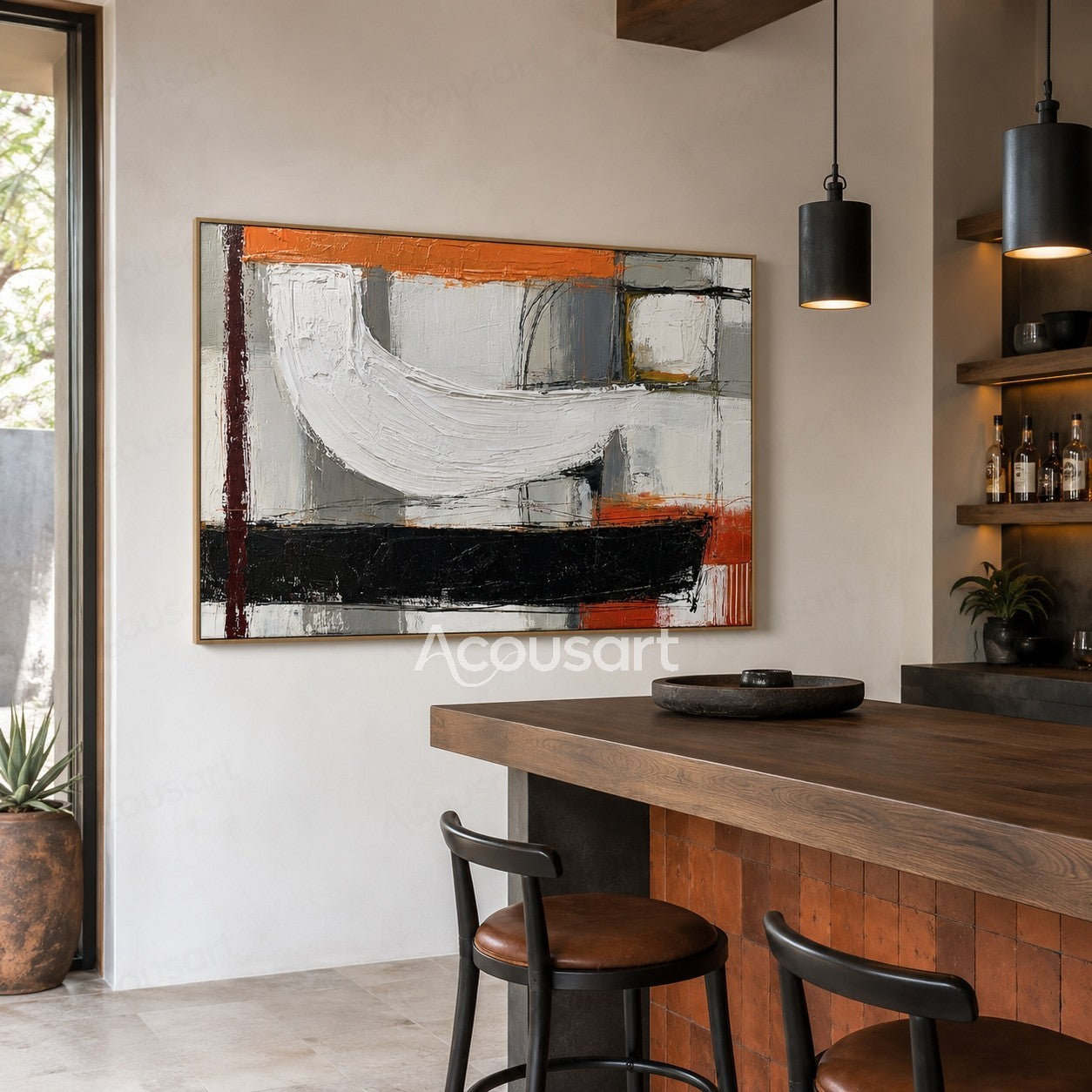 Black white orange abstract textured wall art with layered brushstrokes and bold geometric design