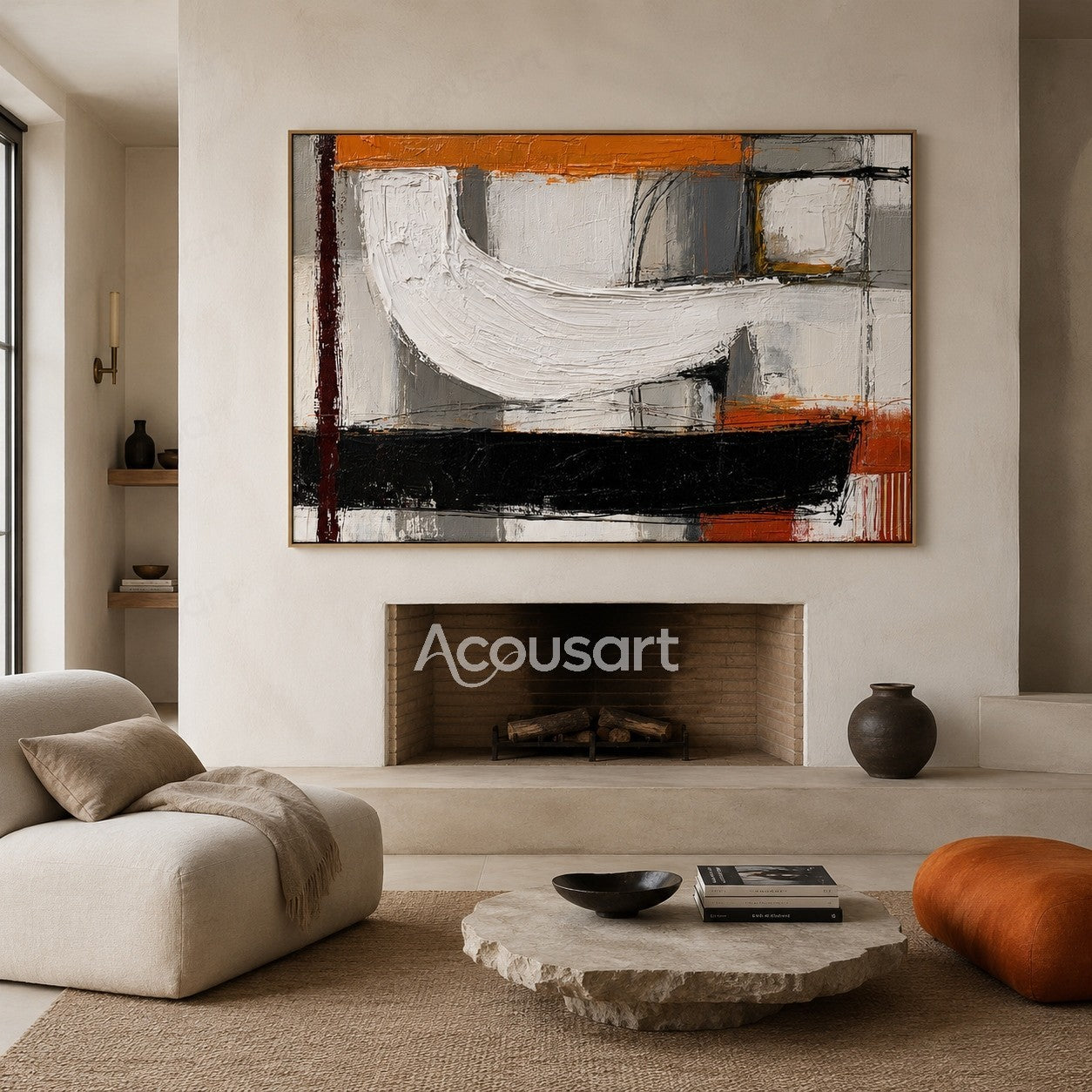 Black white orange abstract textured wall art with layered brushstrokes and bold geometric design