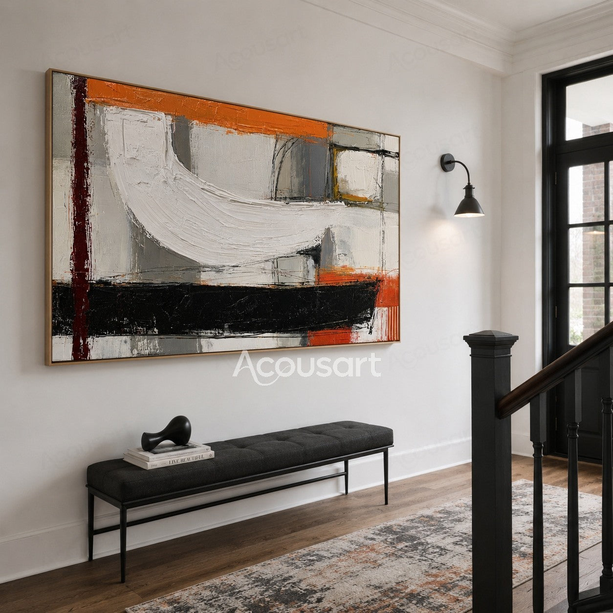 Black white orange abstract textured wall art with layered brushstrokes and bold geometric design