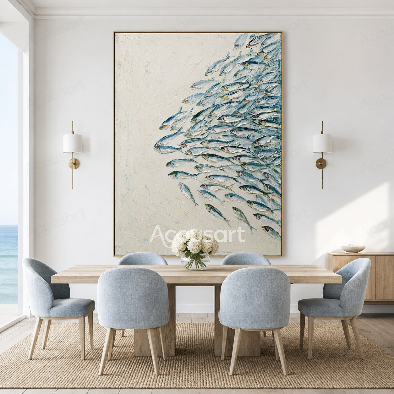 Blue textured fish wall art with silver fish swimming on a white ocean background