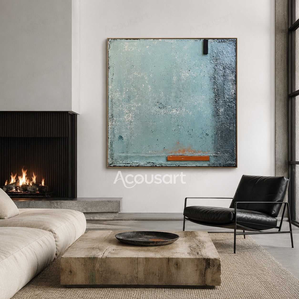 Blue textured abstract wall art with soft ocean tones, rough surface details, and orange accent line