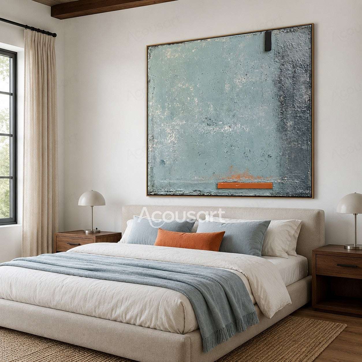 Blue textured abstract wall art with soft ocean tones, rough surface details, and orange accent line