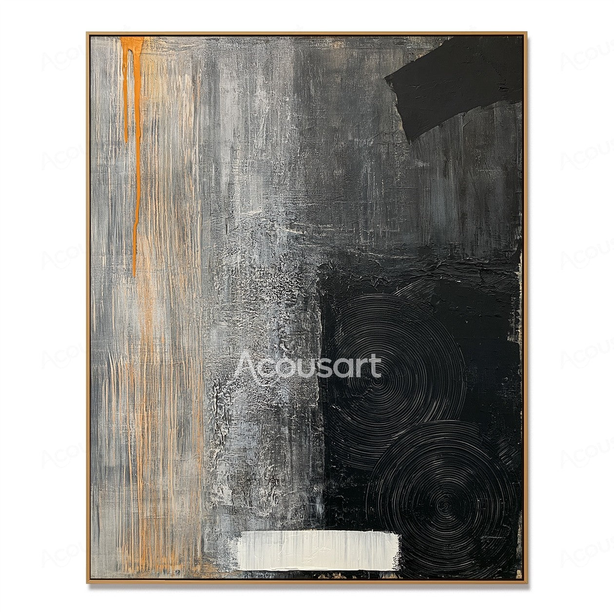 Textured abstract wall art in black, gray, white, and orange with circular patterns