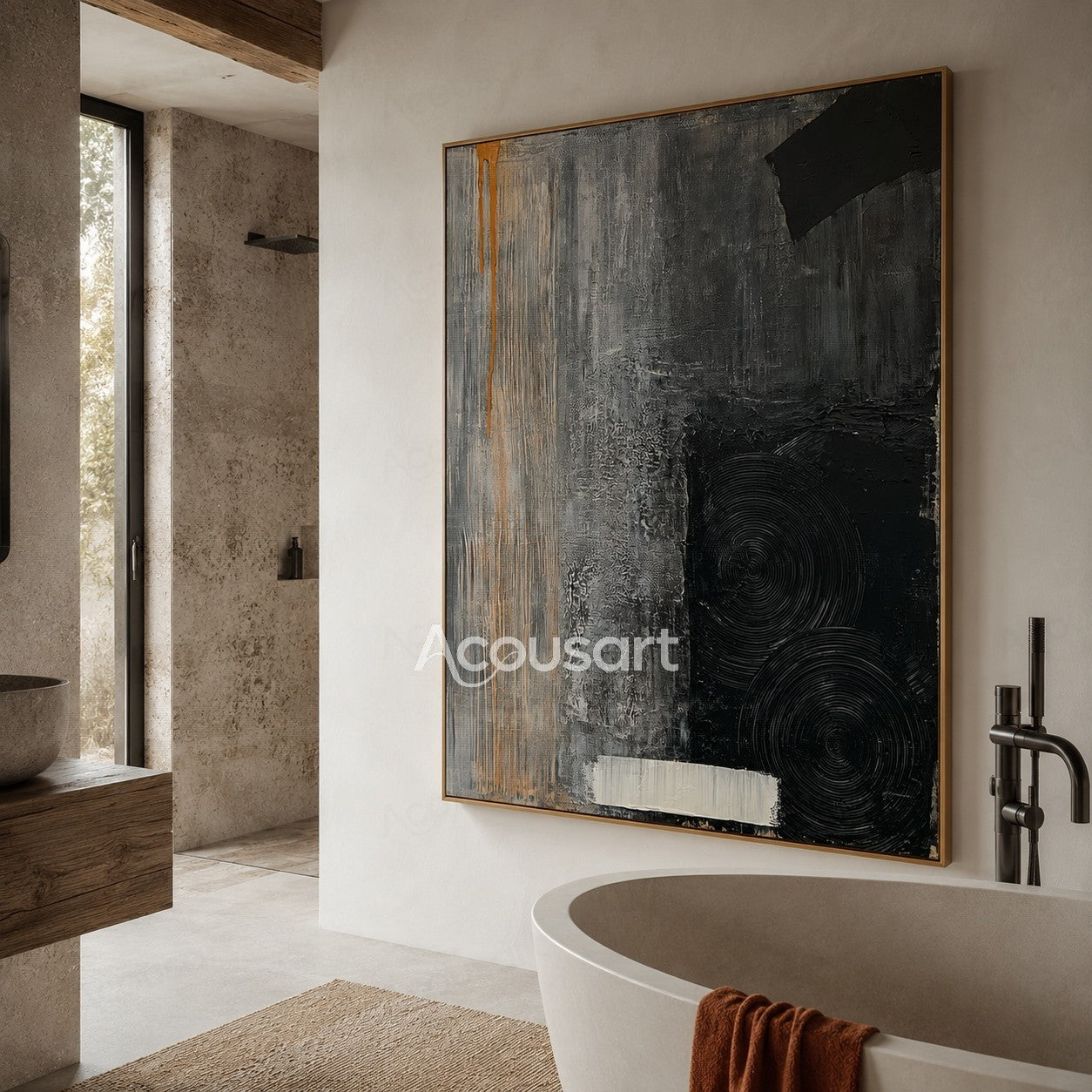 Textured abstract wall art in black, gray, white, and orange with circular patterns