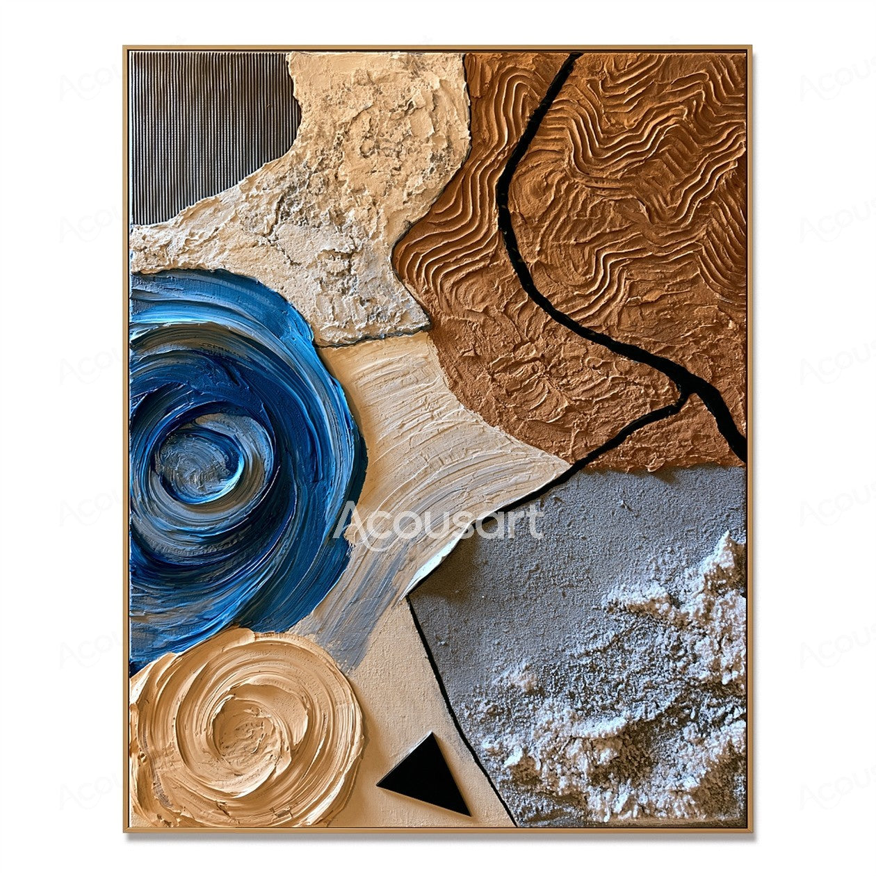 Textured abstract wall art with blue spiral, brown stone patterns, beige tones, and black organic lines