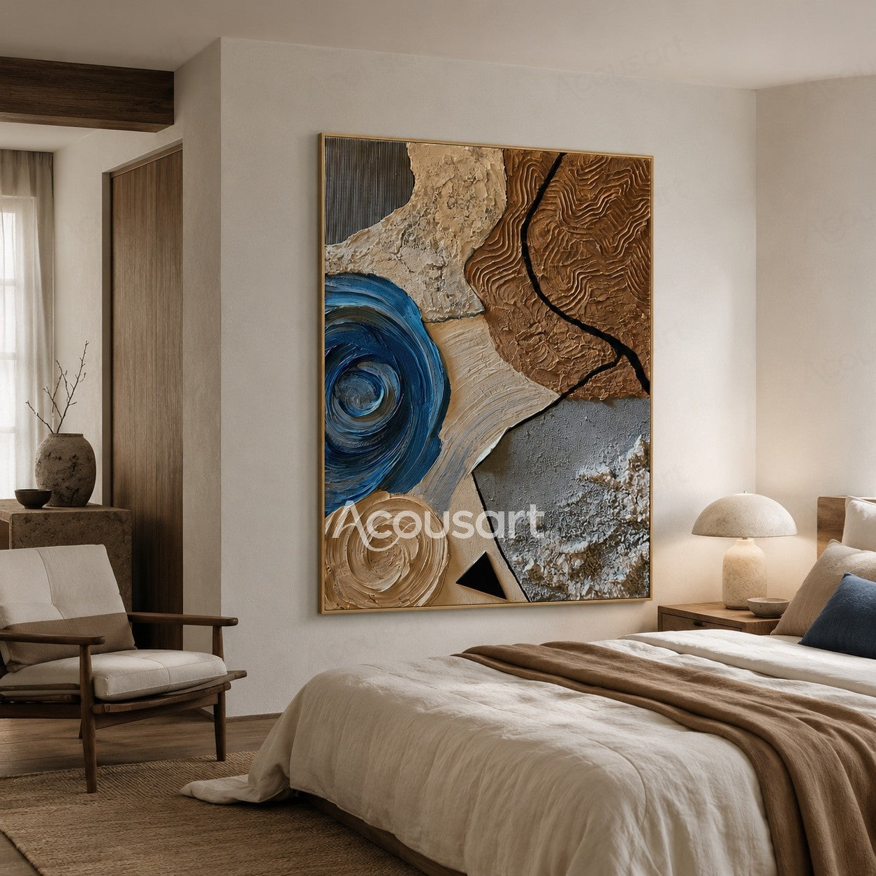 Textured abstract wall art with blue spiral, brown stone patterns, beige tones, and black organic lines