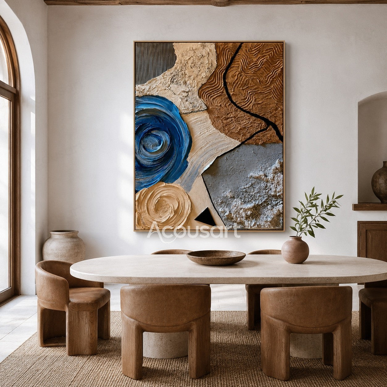 Textured abstract wall art with blue spiral, brown stone patterns, beige tones, and black organic lines