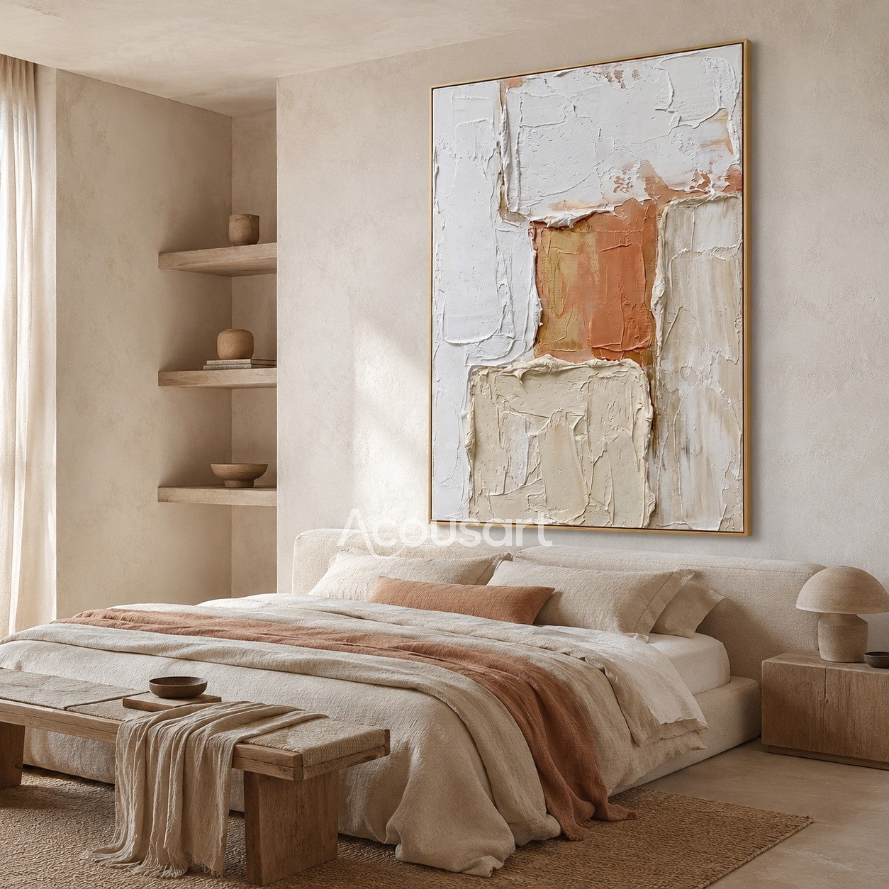 Neutral textured abstract wall art in white, cream, beige, and terracotta