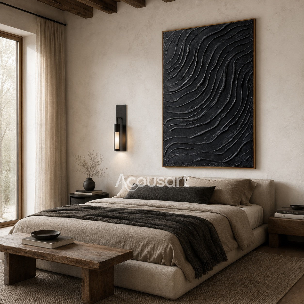 Black textured abstract wall art with flowing wavy 3D lines