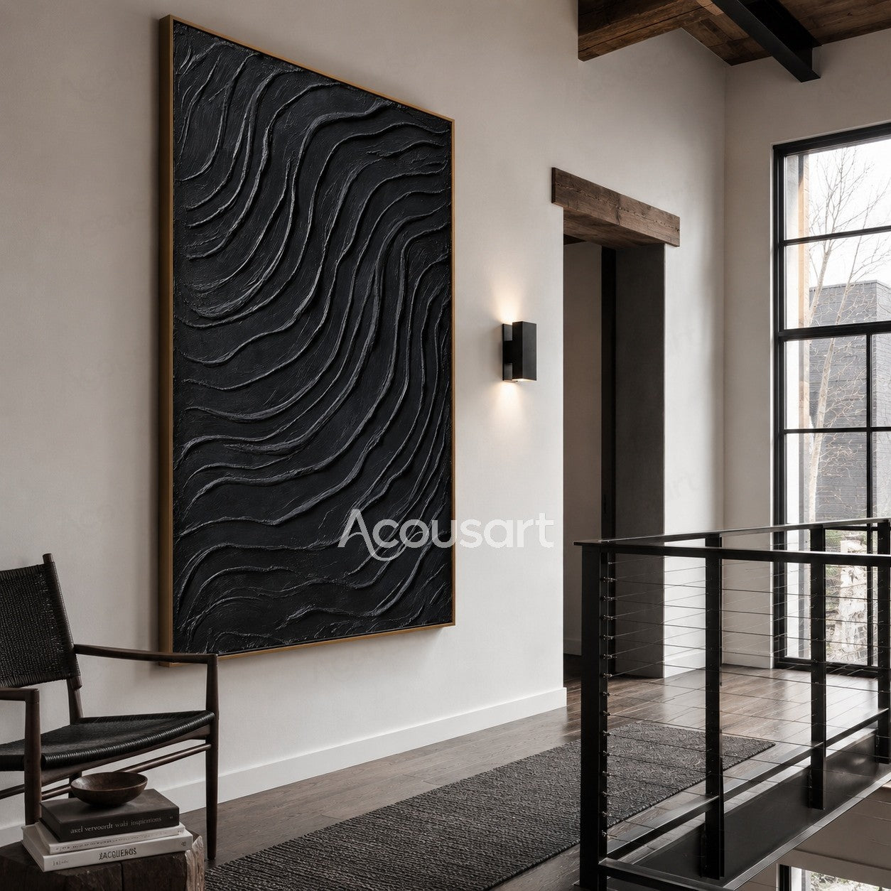 Black textured abstract wall art with flowing wavy 3D lines
