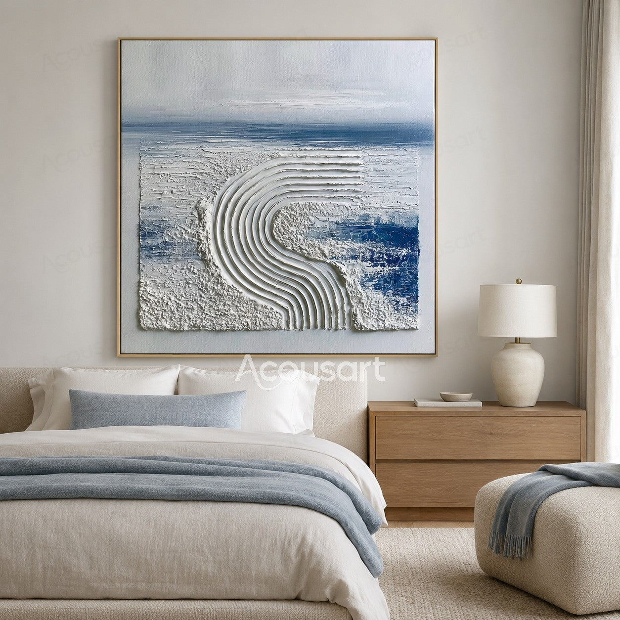 Blue and white textured abstract wall art with raised curved wave lines and ocean-inspired design