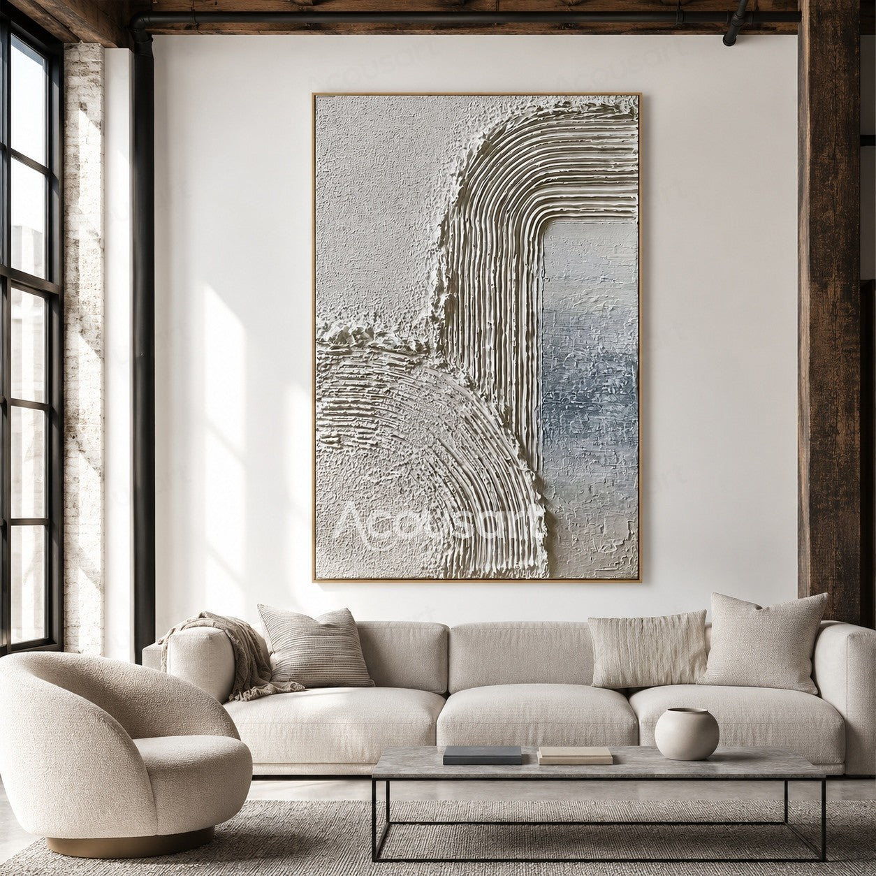 White and beige textured abstract wall art with raised curved line patterns
