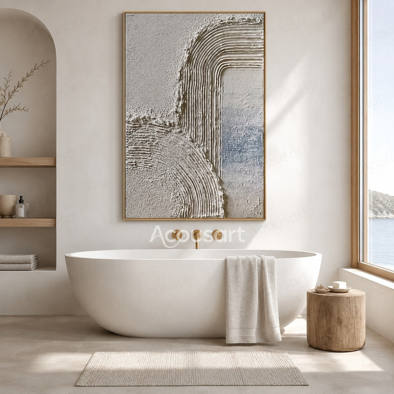 White and beige textured abstract wall art with raised curved line patterns