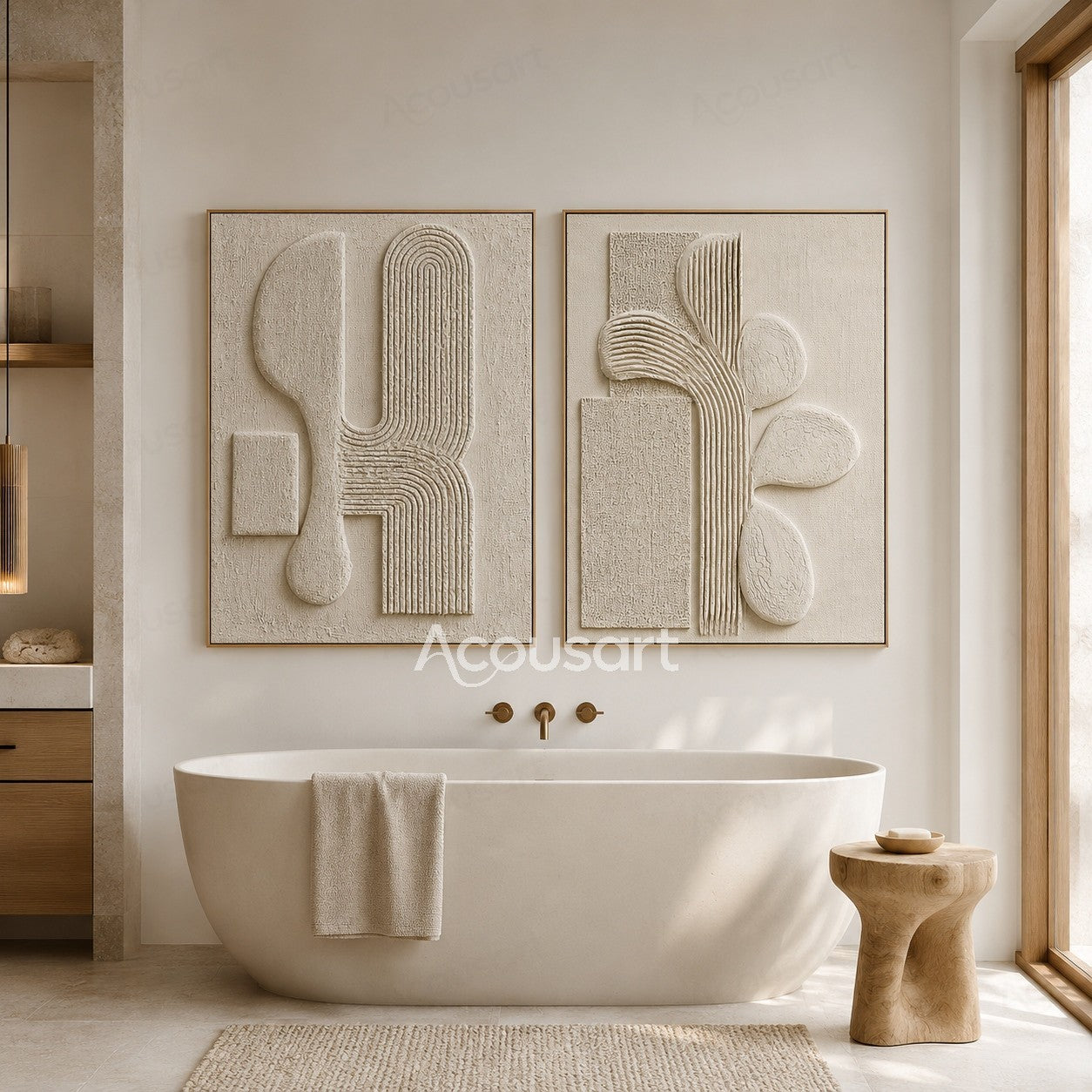 Neutral textured abstract wall art with white 3D geometric shapes and raised curved line patterns