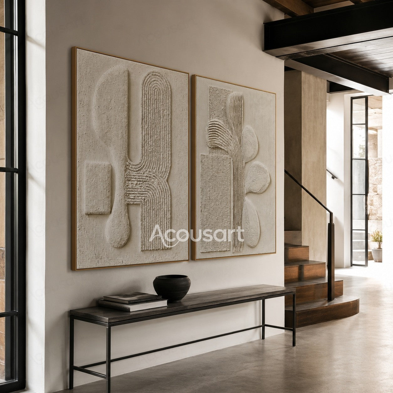 Neutral textured abstract wall art with white 3D geometric shapes and raised curved line patterns